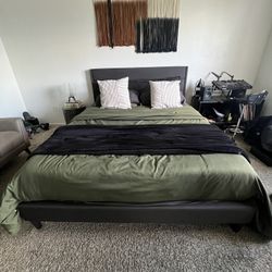 Modern Upholstered Queen Platform Bed w/ Headboard – Great Condition