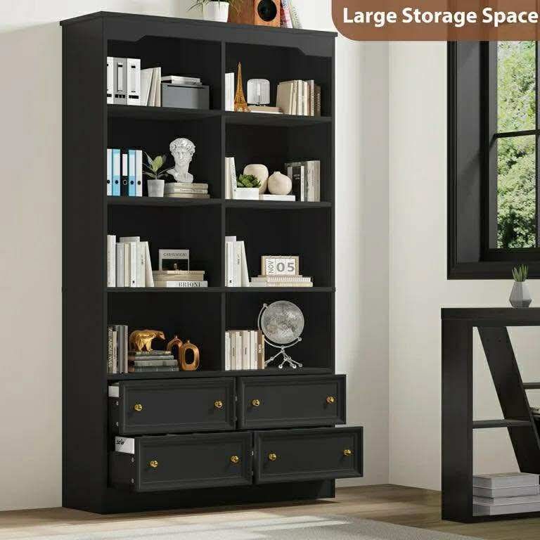 Double Row 6 Tier Bookshelf For Office, 71 in Tall Bookshelf with 4 Drawers and 8 Display Cubicles, Black
