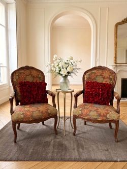 Chair Pair – Carved Wood Accent Chairs, Floral Upholstery