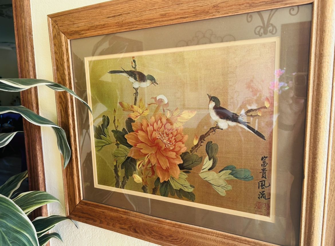Vintage Asian Artwork Chokin Print on Golden Foil, Signed & Marked on a Wooden Frame. 24.5” W x 20.5”L 
