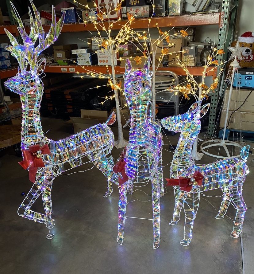 Lighted Christmas Reindeer Family Decoration, 3 Pieces, 300 Warm White Lights, Indoor & Outdoor, with Stakes