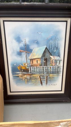 vintage harbor scene oil painting signed by artist L. Alies