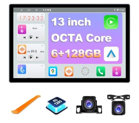 128GB 13" Double Din Touch Screen Android Car Stereo with Front and Rear Camera