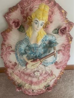 Vintage 3D Style Ceramic Wall Plaque of a Victorian Musician