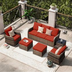Swivel Rocking Chairs, 6 Pieces Patio Conversation Set, Outdoor Wicker Sofa Couch with Waterproof Cushions for Lawn Backyard Porch (Red)