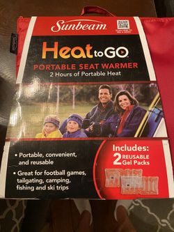 New sunbeam “heat to go” portable seat warmer. Two hours of portable heat. Includes two reusable gel packs.