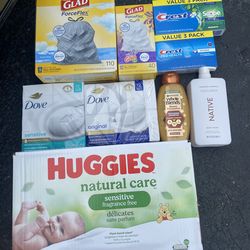 Trash bags, tooth paste, body soups, shampoos, baby wipes