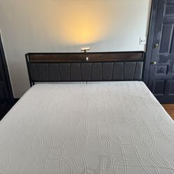 Wayfair Sleep 12" Plush Memory Foam Mattress & California King Size Bed Frame with Vintage Brown Wood and Gray Upholstered Headboard, USB Charging, 2 