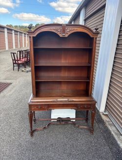 Carved Wood Bookcase Hutch with Table Base