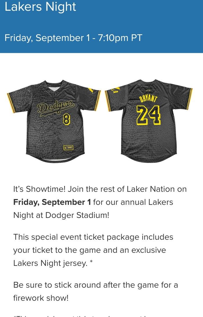 Laker Night Game - Kobe Jersey - Dodgers Stadium - 1 Ticket Left -  09/01/2023 for Sale in Inglewood, CA - OfferUp