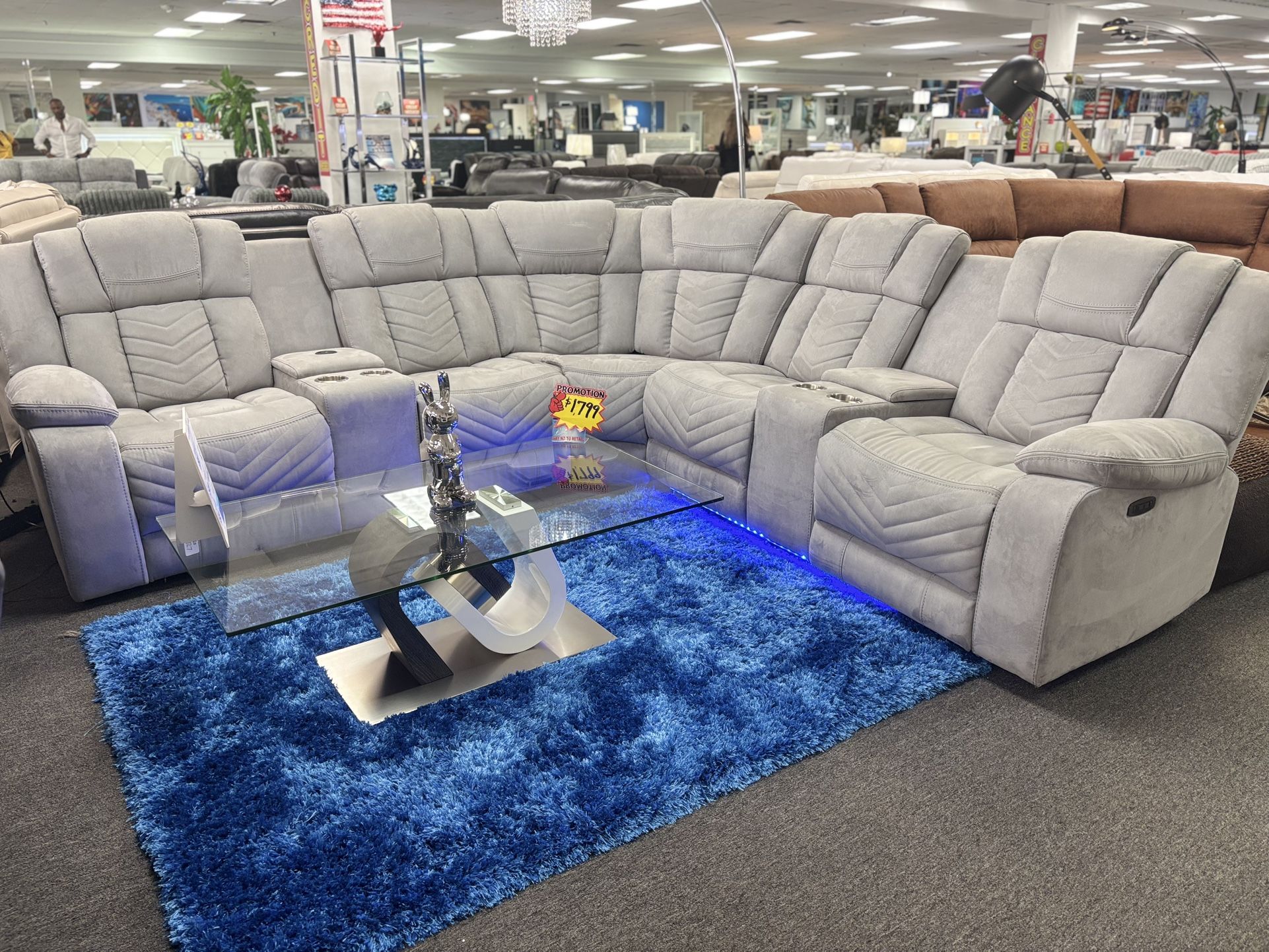 Light Gray L-shaped Microfiber Sectional Couch W/ Built-in LED Lights For Sale