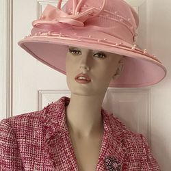 HAT CHURCH HAT – ML STUDIO PINK WIDE BRIM HAT WITH BEADS AND BOW DESIGNER HAT –  MOTHER’S DAY GIFT CHURCH HAT