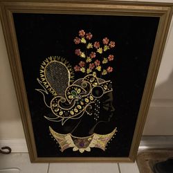 Vtg 26"x20" Mid Century Black Velvet Sequin Woman Floral Picture Framed 