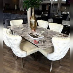 5 Piece Horseshoe- Shaped pedestal base design dining table with  diamond pattern upholstered chairs with Nailhead trim