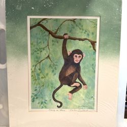 Fun Swinging Monkey Artist Signed Matted Print by Mishell Swartwout 11” x 14” ready to frame   Titled “Hang in There”