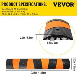 Rubber Speed Bump, 1 Pack 2 Channel Speed Bump Hump, 72.8" Long Modular Speed Bump Rated 22000 LBS Load Capacity, 72.8 x 12.2 x 2.2 Garage Speed Bump 