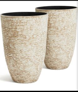 New (Set of 2) Worth 9 Gallon Tall Round Planters 14" Dia x 21" H, Beige