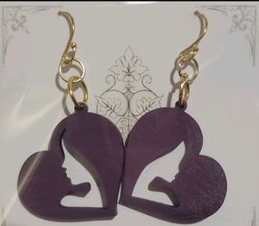 Purple Wooden Heart Silhouette Love Dangle/Drop Hook Earrings, No Stone