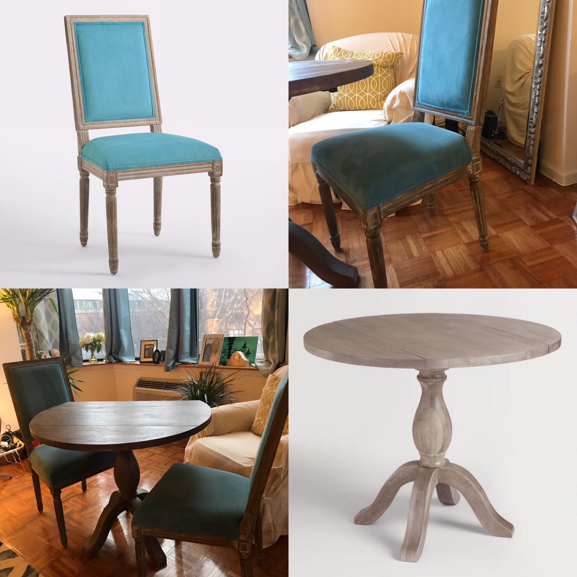 Pedestal dining set for 2 - drop leaf table and 2 velvet microfiber chairs