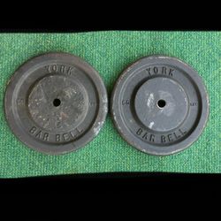Vintage York 50 Ib Standard 1" weight plate set 100 Ibs total weights pair 50lb 50lbs Cast Iron Pound Pounds