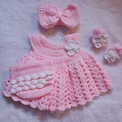 Crochet Baby Girl Pink and White Headband Heirloom Dress Set Photo Prop Shipping Available