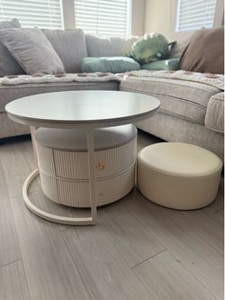 Nesting Coffee Table Set of 2 with Leather Stool - Ivory Wood Circle Embossed Design Coffee Table with 2 Drawers - Round Table with Baking Paint Frame