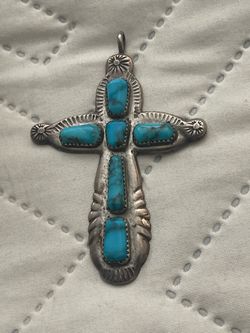 Zuni Turquoise Cross Sterling Silver Pendant Horace Iule