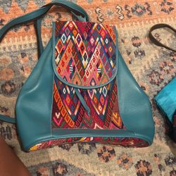 Turquoise Leather Backpack With Embroidery 