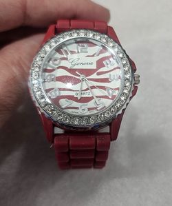 GENEVA Ladies Burgundy Matching Zebra Print Slim Band Jelly Watch