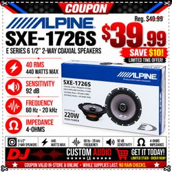 Alpine SXE-1726S 6.5" 2-Way Coaxial Car Audio Speakers Pair 6-1/2 Inch 440W Max 80W RMS 4-Ohm High Efficiency High Sensitivity Door Factory Upgrade St