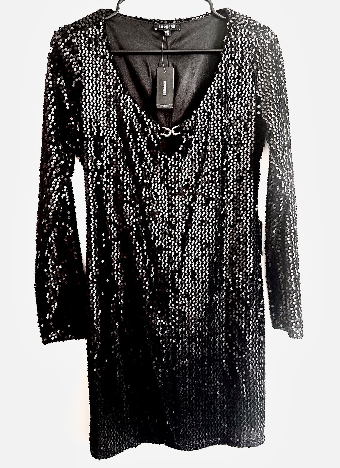 NWT EXPRESS Sequin Horsebit Scoop Neck Mini Plunge Bodycon Black Shift Dress
