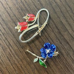Vintage Enamel Flower Brooch Bundle – Red Tulip & Blue Floral Pins (Set of 2)