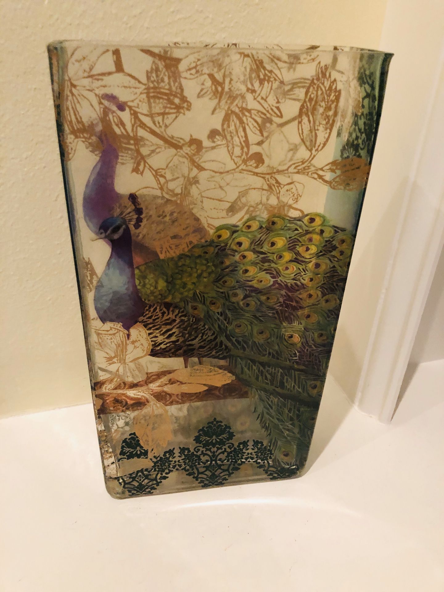 Peacock design glass vase - 12” T