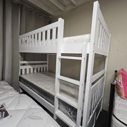 Brand New White Twin Twin Bunkbed + 2 Twin Mattresses