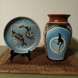 Australian Aboriginal Art Terra Cotta Plate & Vase