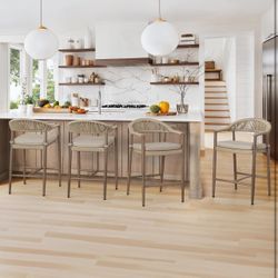 Bar Stools Set of 4, 24.8'' Aluminum Outdoor Bar Stool with Removable Cushion, Boho Rattan BarStools, Olefin Rope Woven Bar Chairs with Footrest for P