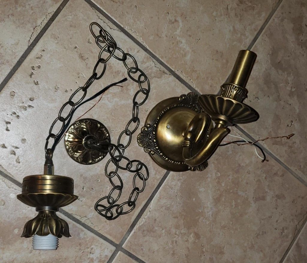 X2 VINTAGE ORNATE VICTORIAN SOLID BRASS CHAIN PENDANT SWAG LIGHT FIXTURE CHANDELIER WALL SCONCE CANDELABRA HALL LIGHTING LAMP