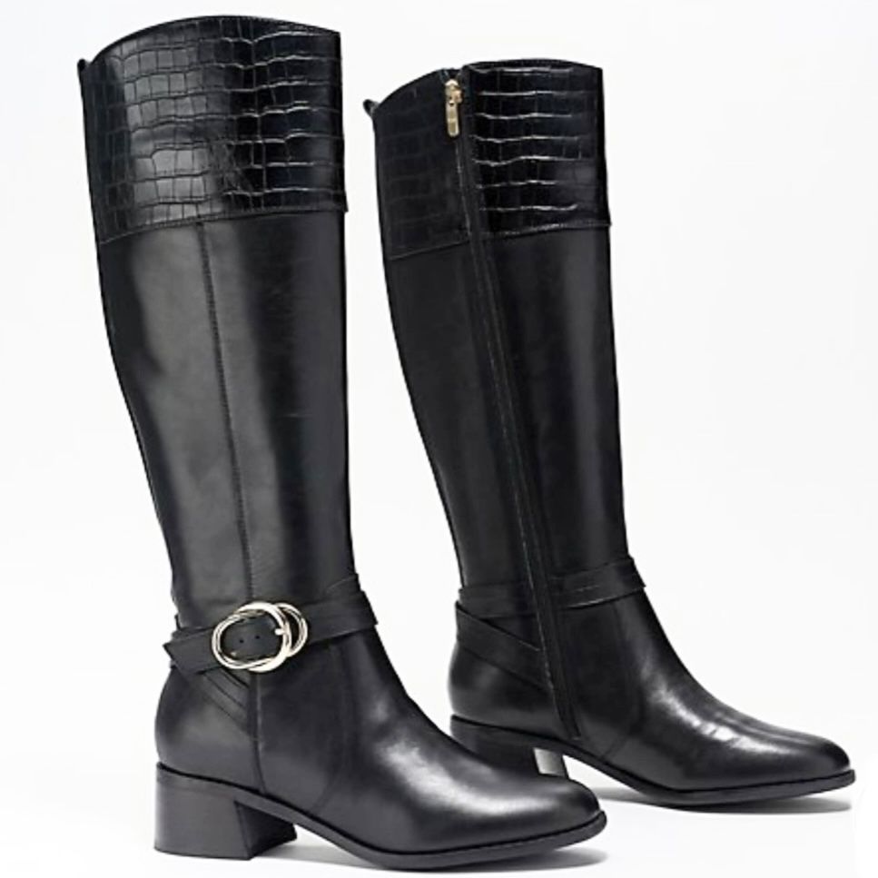 Marc Fisher wide calf leather croc embossed riding black tall shaft boots Size 8
