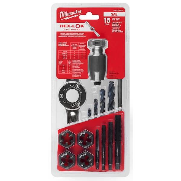 Milwaukee SAE Tap and Die Set w/Hex-LOK 2-in-1 Handle -15-Piece - (49-22-5602)