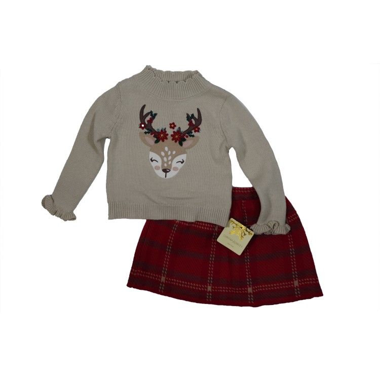 NWT Infant 24M CYNTHIA ROWLEY 2pc REINDEER Set with PLAID Skirt