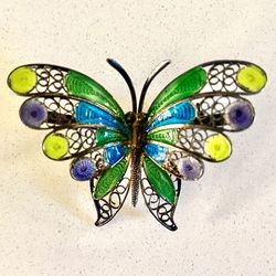 Vintage Silver Butterfly Enamel Brooch