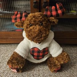 Build A Bear Plaid Brown Moose With Fuzzy Heart Hoodie