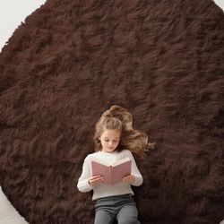 Large Round Brown Fluffy Area Rug 9x9ft