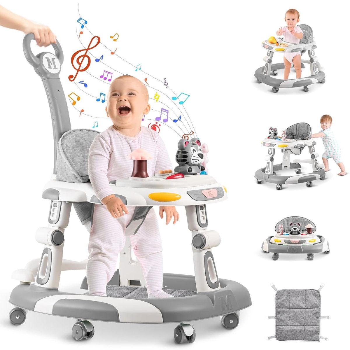 Baby Walkers, 5-in-1 Multifunctional Adjustable Height Foldable Activity Center with Wheels and Music and Toy Tray, Toddler Walker for Boys and Girls