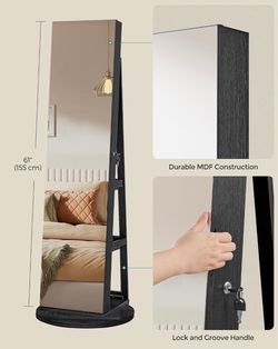 Mirror Jewelry Cabinet, 360° Swivel Jewelry Organizer, Black Surface, Black Lining UJJC007B01