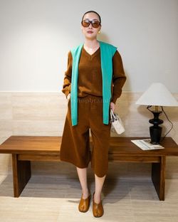 Brown Knit Top and Culottes Two-Piece Set