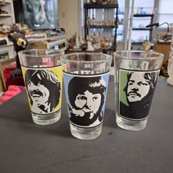Collectible Glassware-The Beatles Paul McCarthy, Ringo Starr & George Harrison Silhouette 16 Oz Drinking Glasses W/Heavy Bottom 6"H X 3.5"At Top