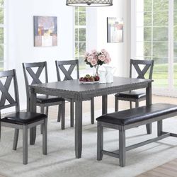 6pc dining set gray 3x5 table, 4 chairs and bench $499  (was $799) pick up or delivery available