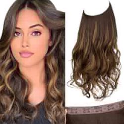 SARLA Invisible Wire Hair Extensions with 3 Clips Long Synthetic Wavy Curly Hairpiece Adjustable Transparent Headband for Women 22 Inch Dark Brown/Gol