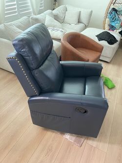Navy Blue Leather powered Recliner Chair with Nailhead Trim